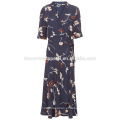 New Fashion Marinha Crepe Floral Wrap Dress Fabricação Atacado Moda Feminina Vestuário (TA5236D)